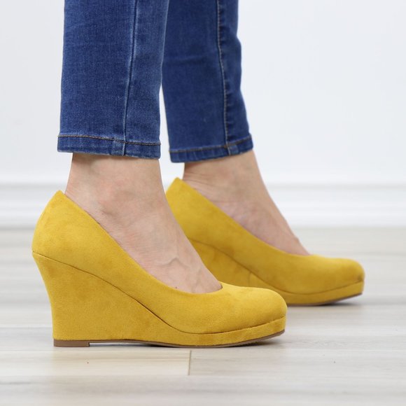 Mustard Faux Suede Close Round Toe Wedge High Heel - Picture 4 of 11